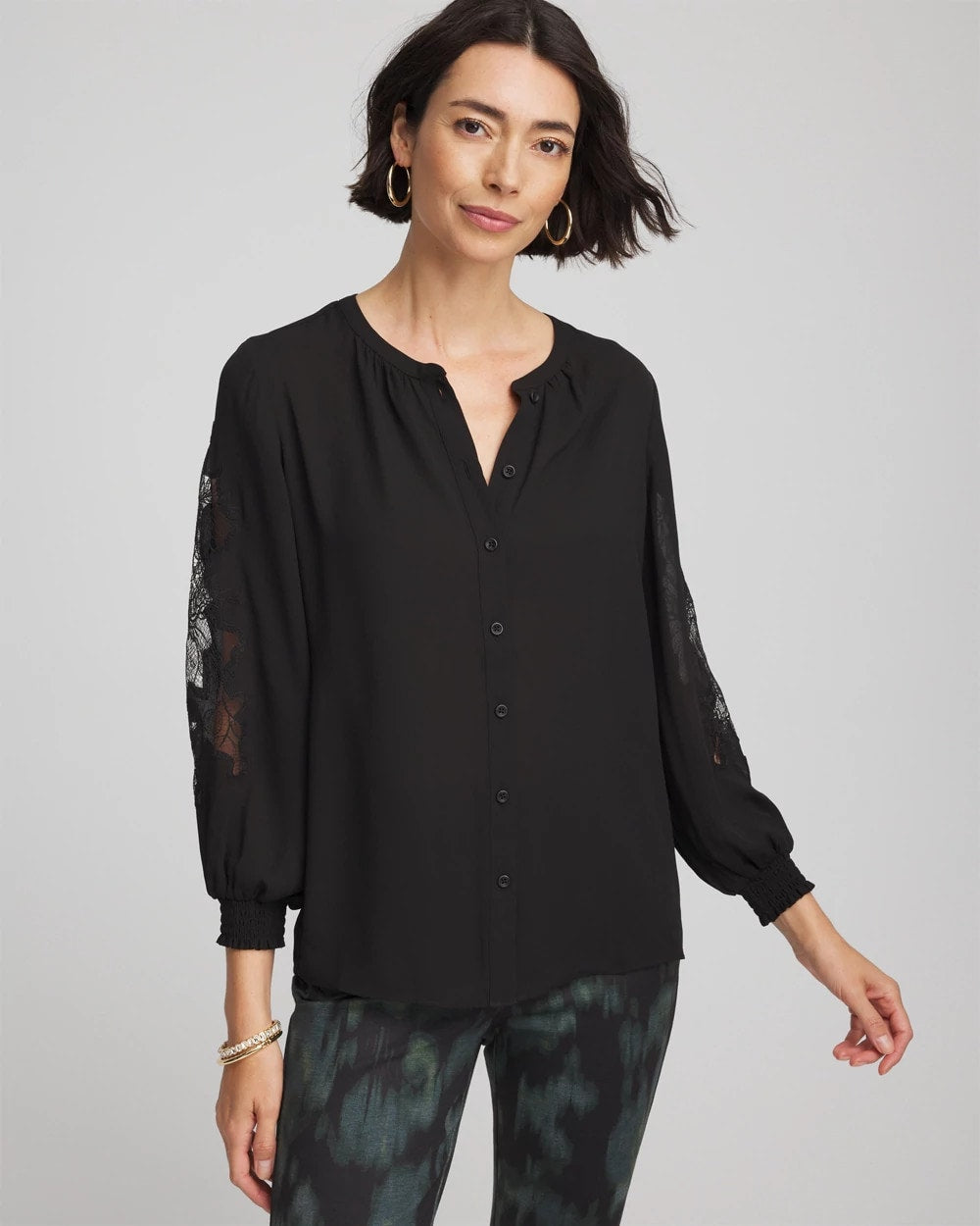Black Crepe Banded Collar Blouse