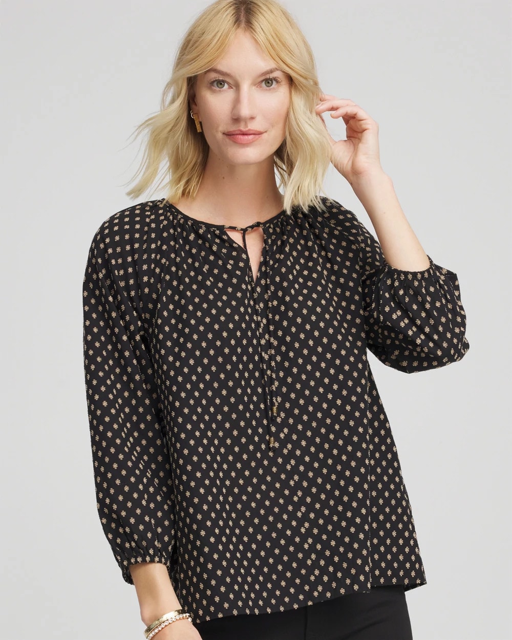 Black Floral Print Tie-Neck Top