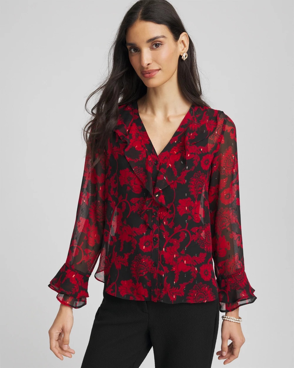 Carmine Red Georgette Clip Dot Ruffle Blouse