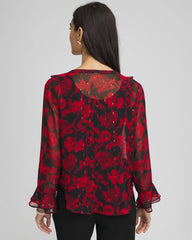 Carmine Red Georgette Clip Dot Ruffle Blouse