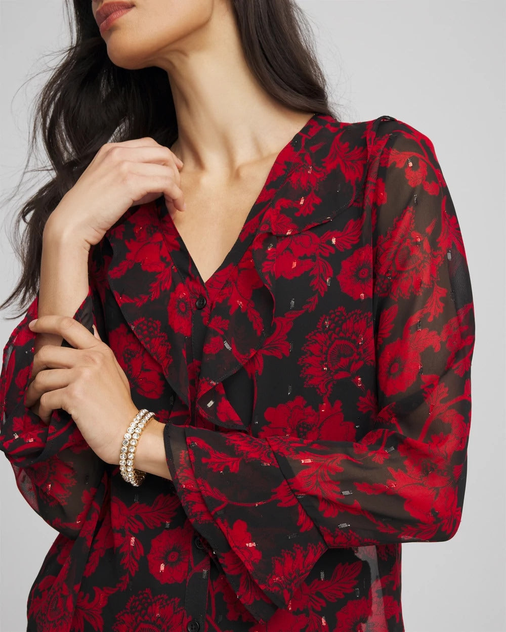 Carmine Red Georgette Clip Dot Ruffle Blouse
