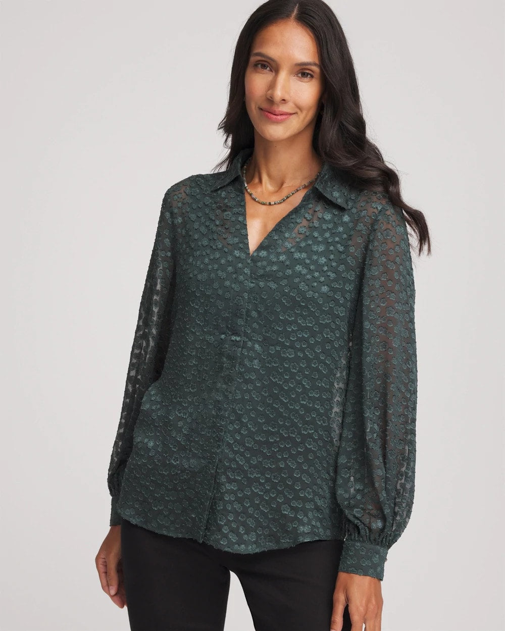 Darkest Spruce Clip-Dot Billow-Sleeve Blouse