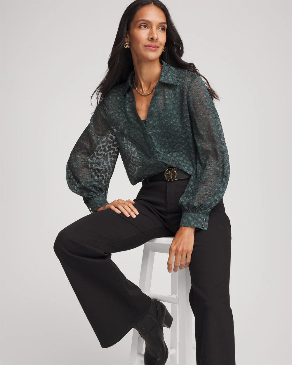 Darkest Spruce Clip-Dot Billow-Sleeve Blouse