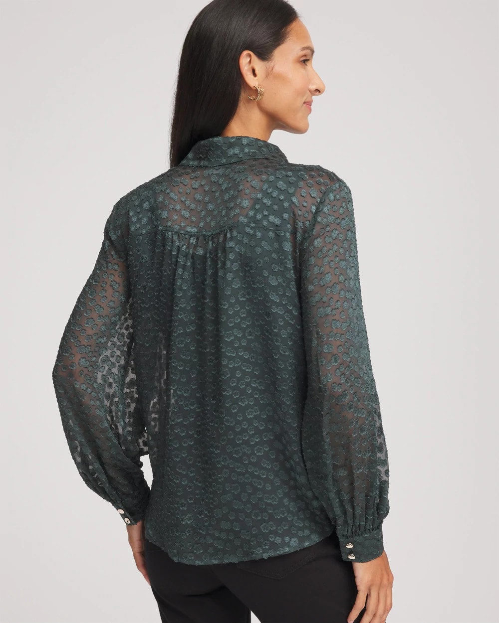 Darkest Spruce Clip-Dot Billow-Sleeve Blouse