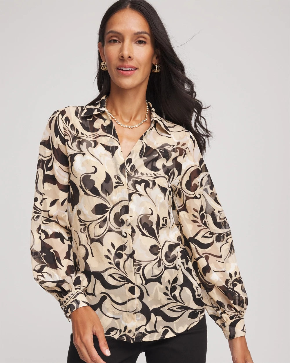 Black Floral Burnout Blouson-Sleeve Blouse