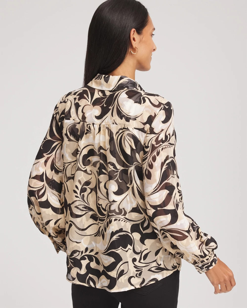 Black Floral Burnout Blouson-Sleeve Blouse