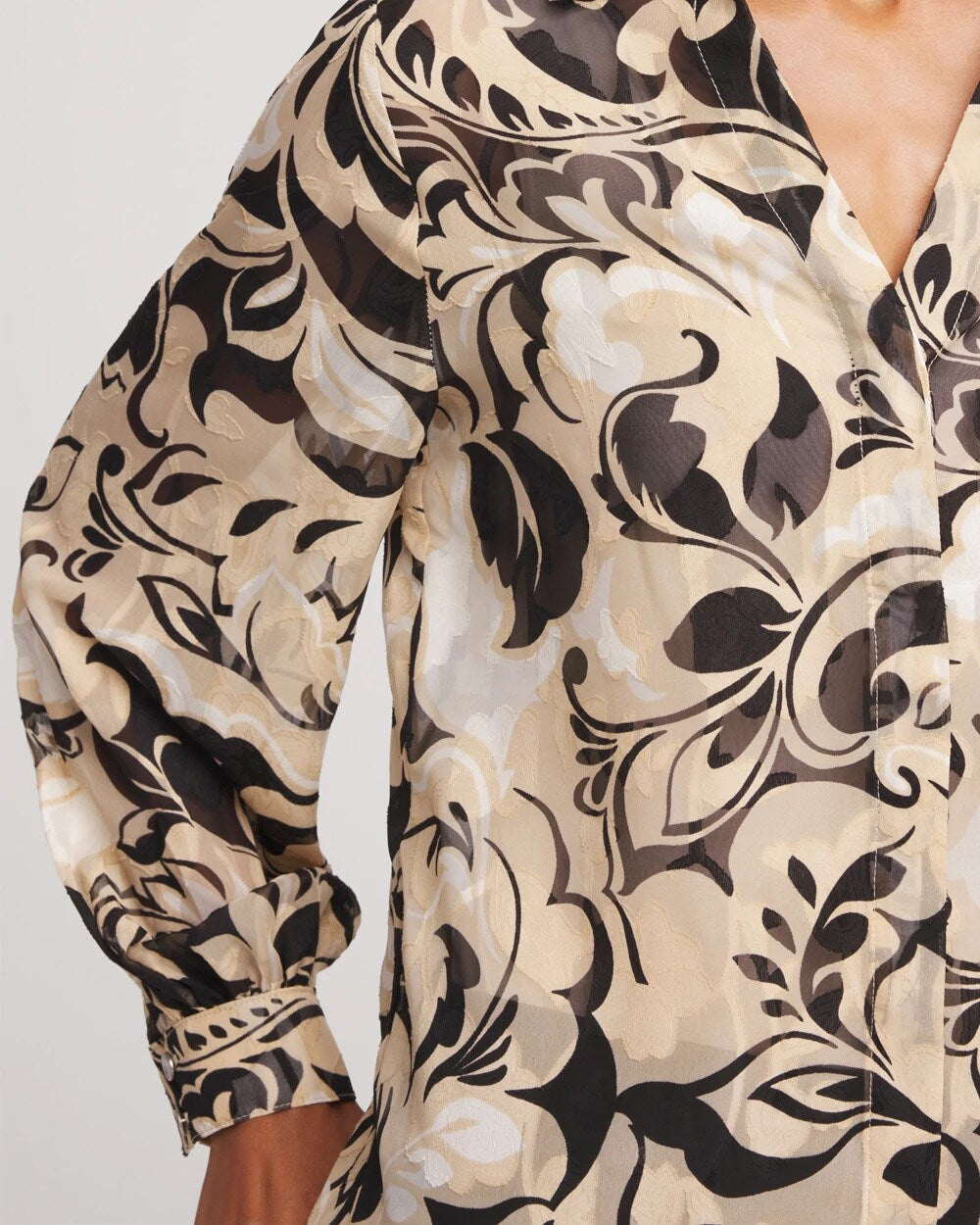 Black Floral Burnout Blouson-Sleeve Blouse