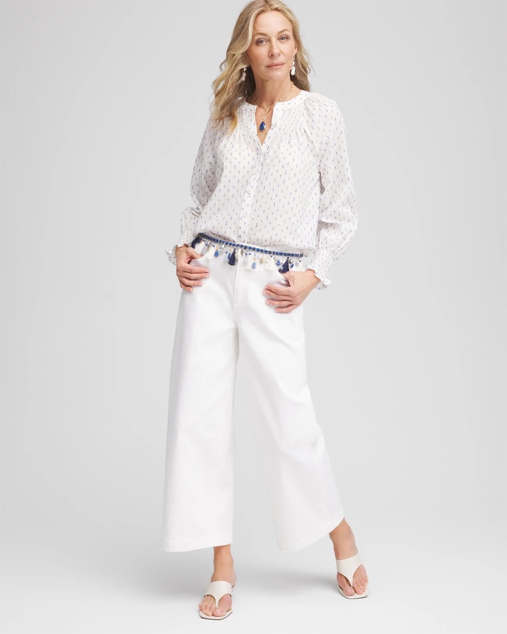 Blue Casa Smocked Split-neck Blouse