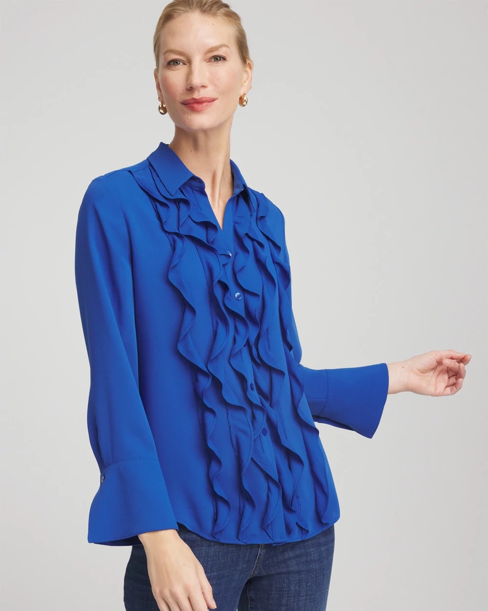 Cobalt Stone Ruffle-Trim Chiffon Blouse