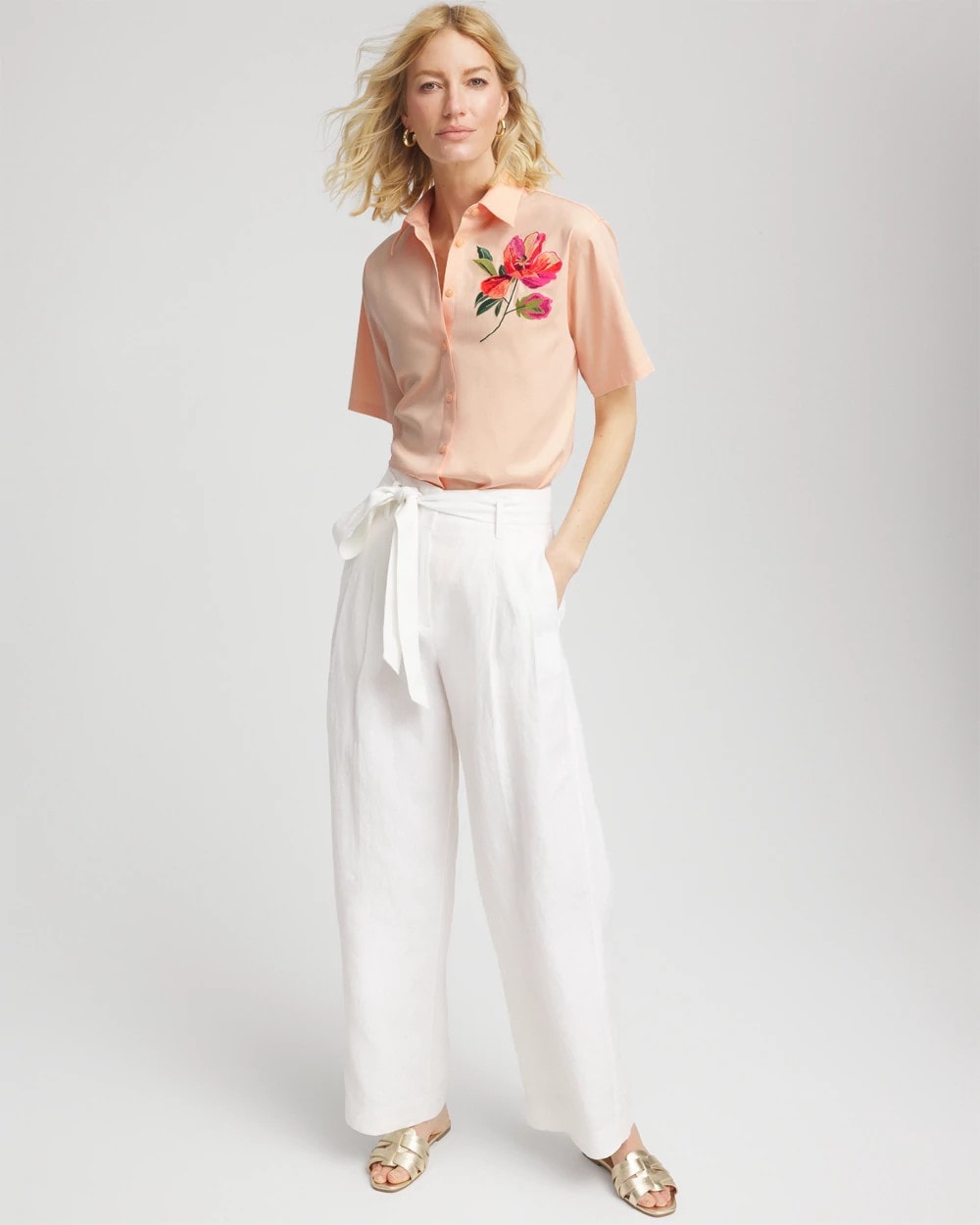 Sunset Peach No Iron™ Embroidered Floral Short-Sleeve Shirt