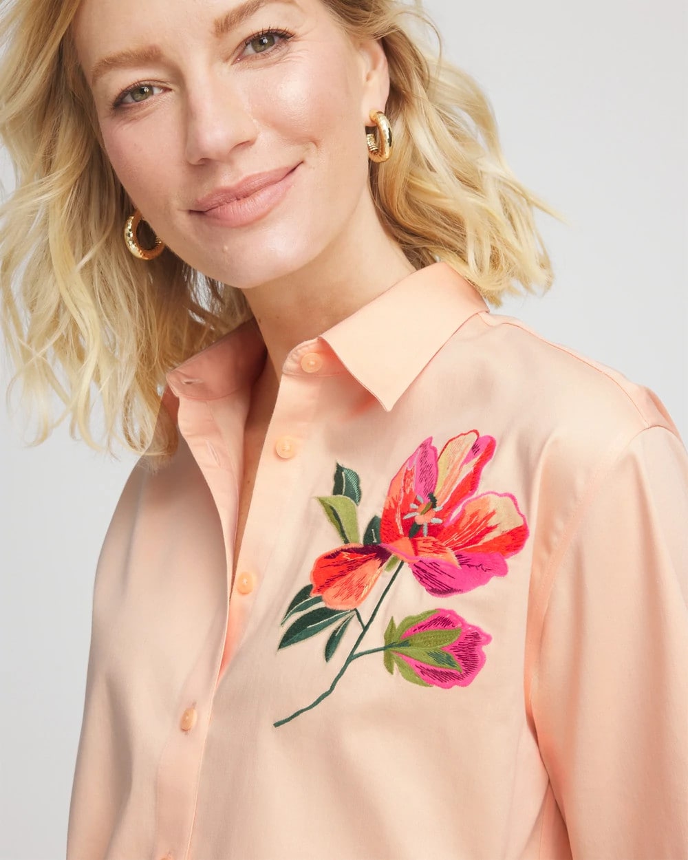 Sunset Peach No Iron™ Embroidered Floral Short-Sleeve Shirt