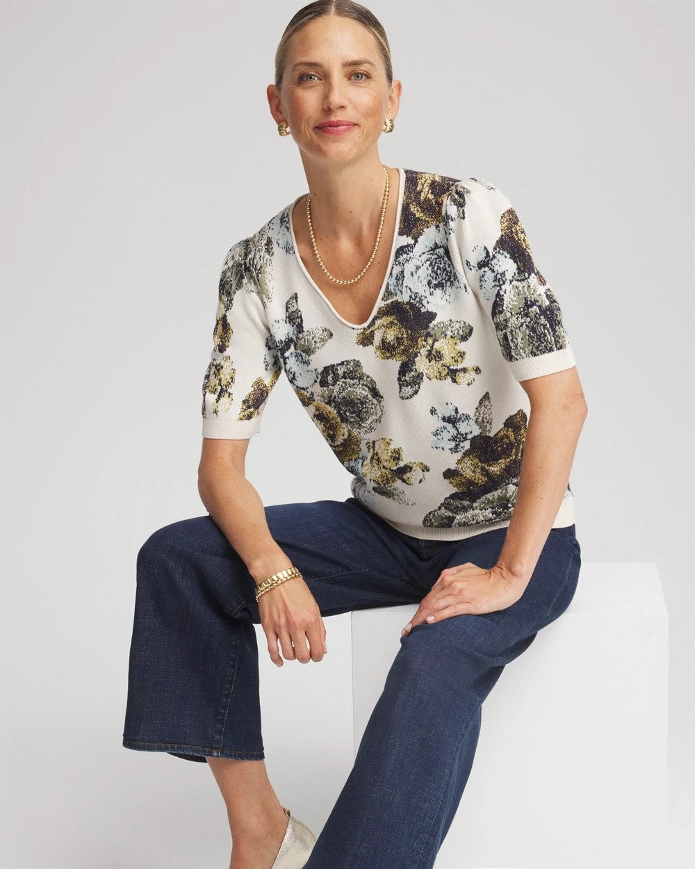 English Cream Floral V-Neck Sweater Tee