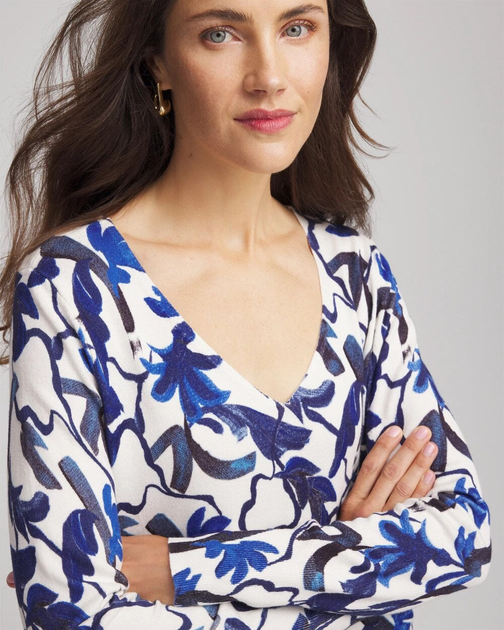 Ecru Ella V-Neck Blue-Petals Pullover Sweater
