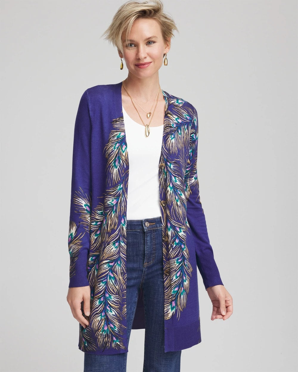 Dark Cobalt Ella Peacock-Print Cardigan Sweater