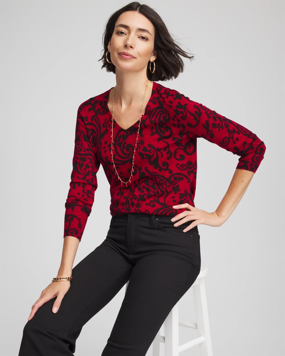 Carmine Red Ella Printed V-Neck Sweater