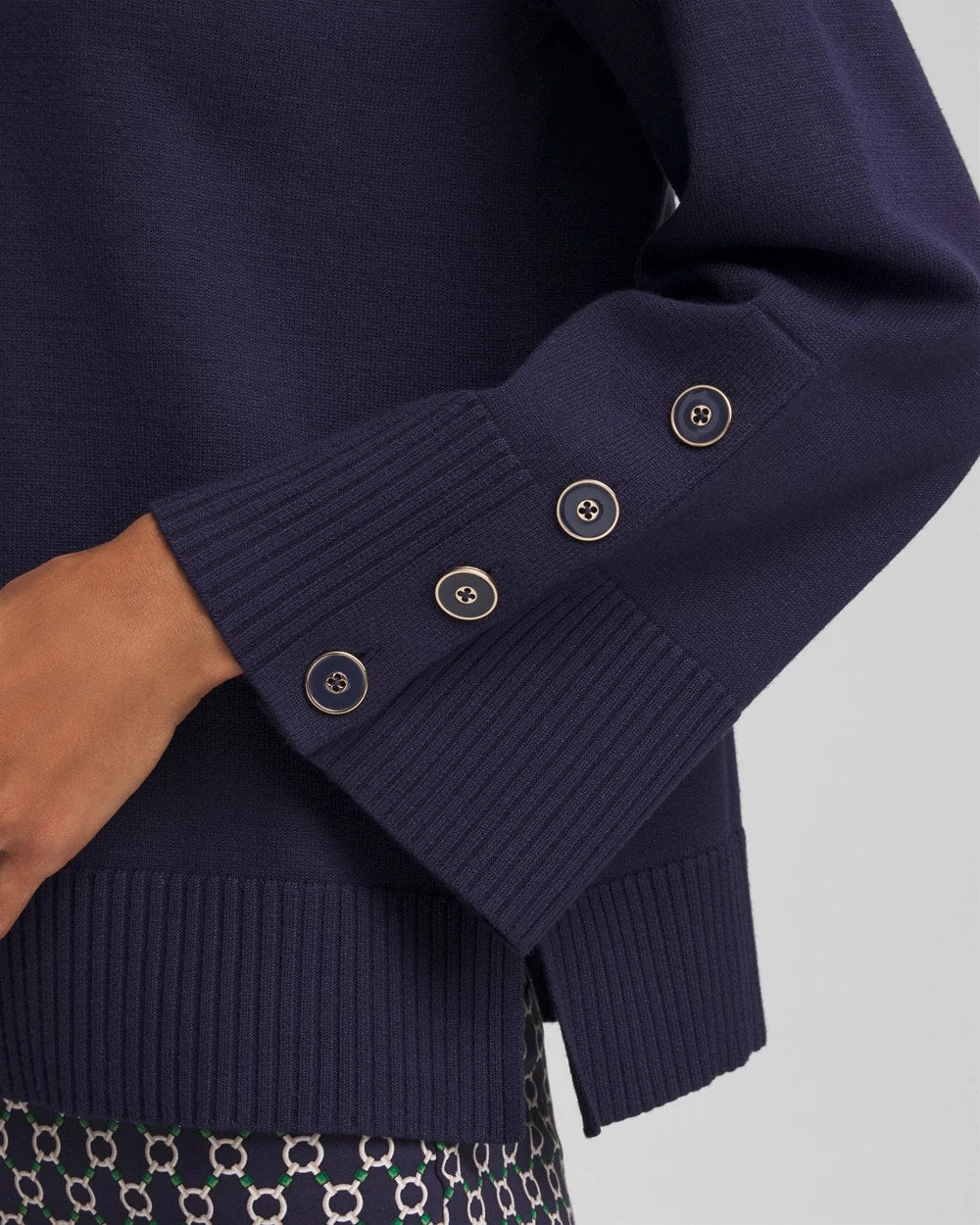 Passport Blue Button Sleeve Crewneck Pullover