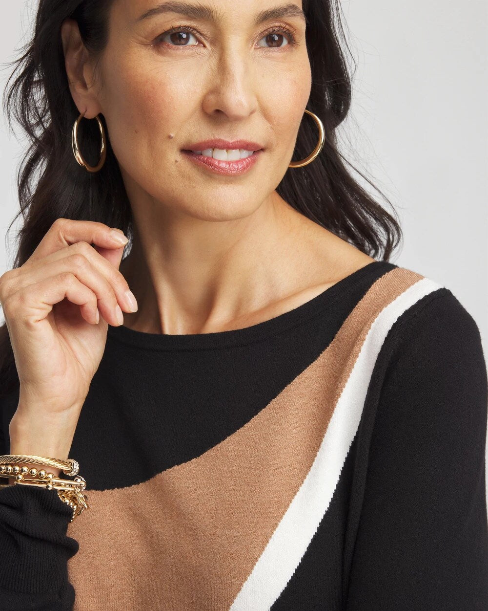 Black Intarsia Colorblock Bateau Neck Sweater