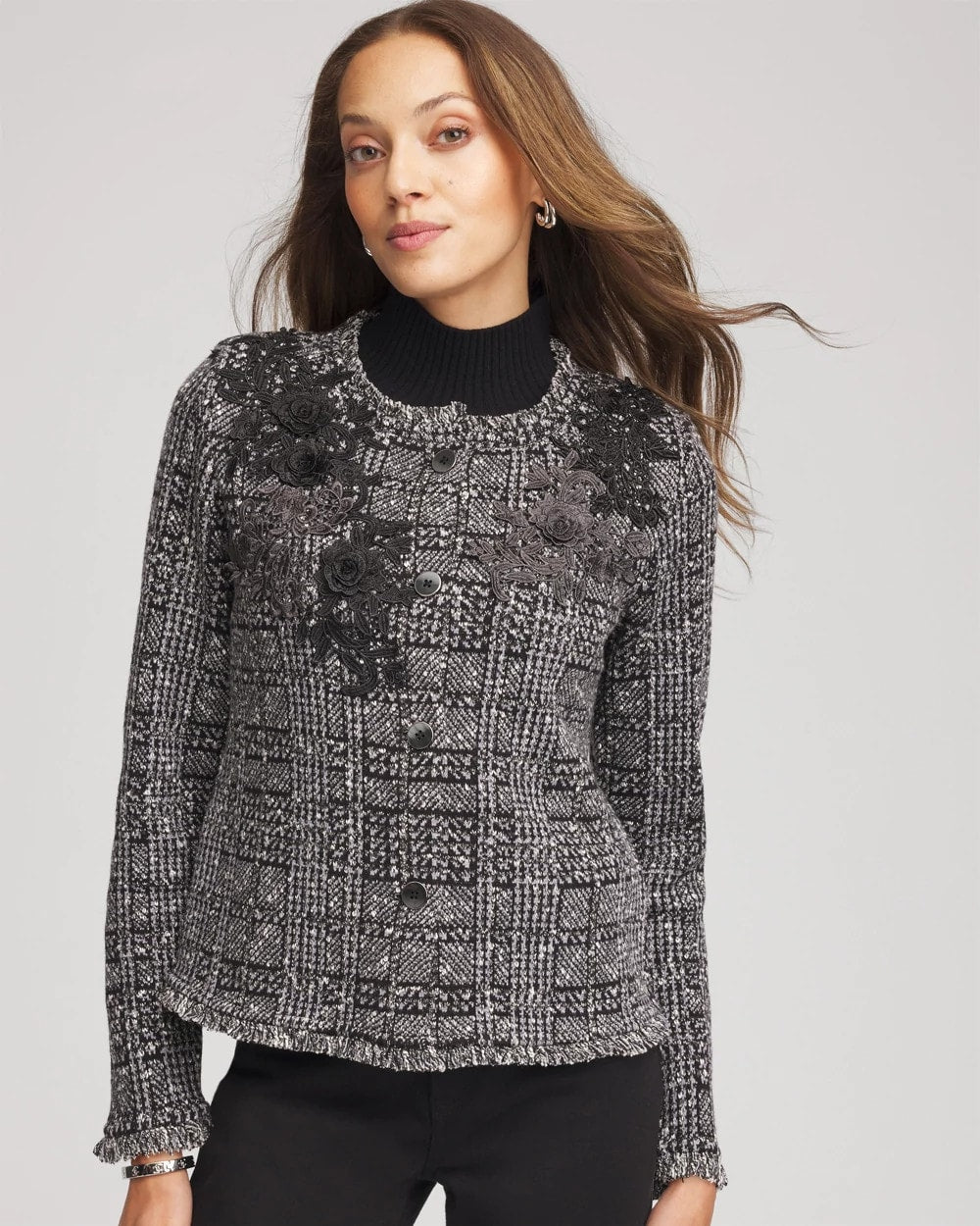 Gray Embroidered Metallic Tweed Cardigan