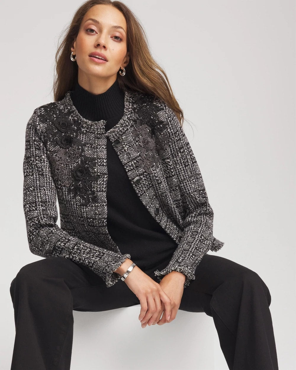 Gray Embroidered Metallic Tweed Cardigan