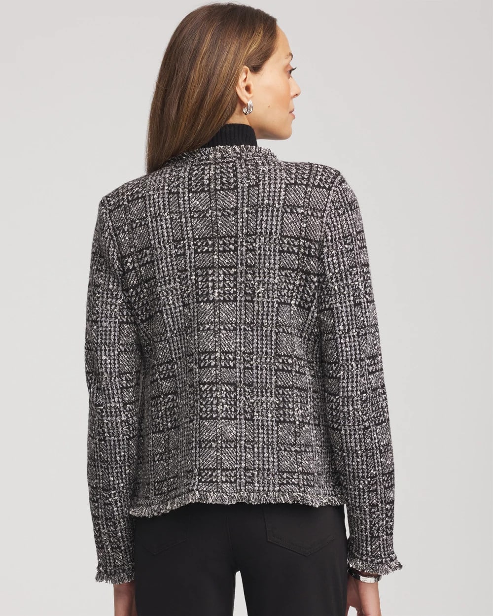 Gray Embroidered Metallic Tweed Cardigan
