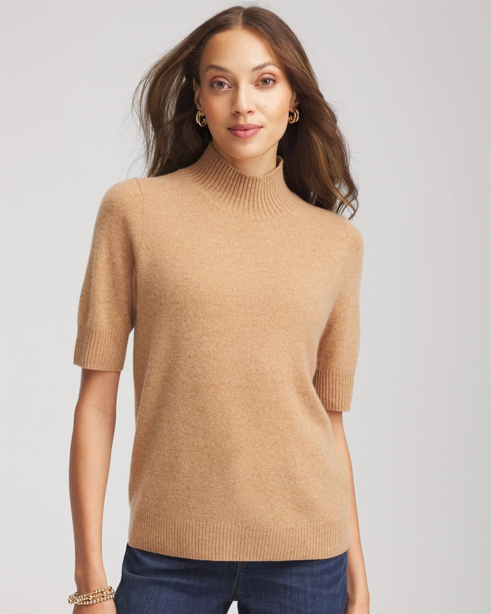 Camel Cashmere Elbow-Sleeve Sweater