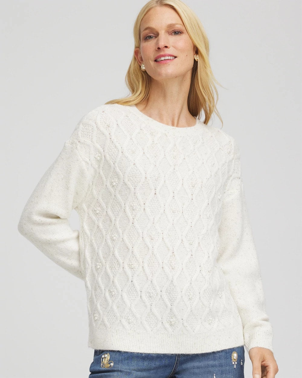 English Cream Embellished Cable Knit Sweater