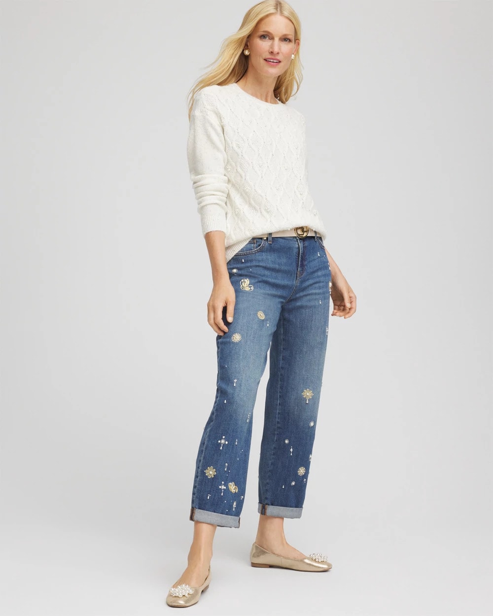 English Cream Embellished Cable Knit Sweater