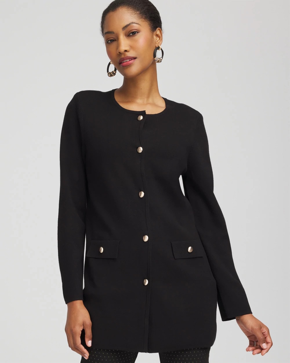 Black Button-Down Crewneck Coatigan