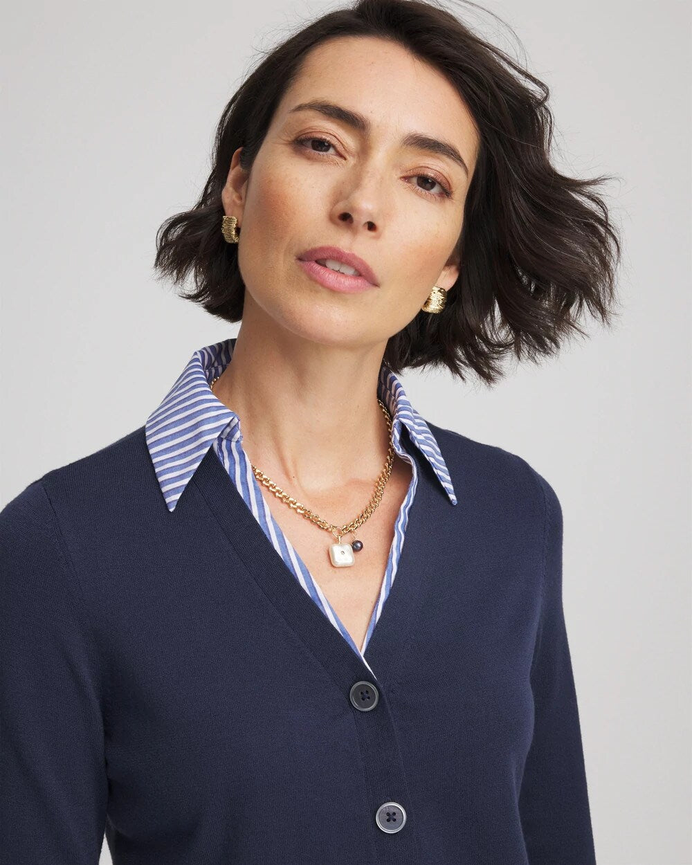Passport Blue Striped Collared Cardigan Sweater