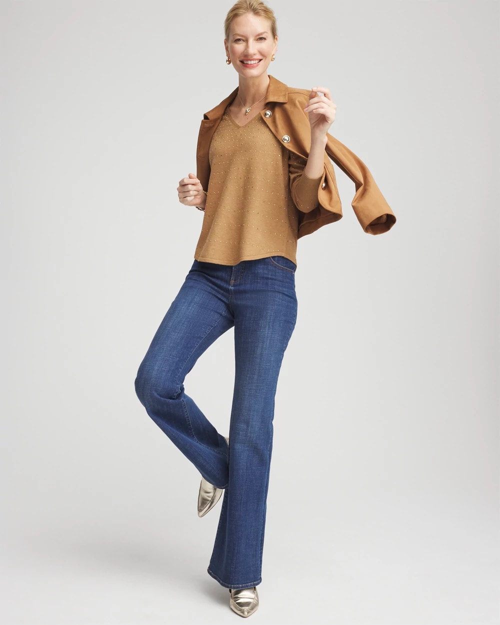 Faux Camel Heather Ella V-Neck Embellished Pullover Sweater
