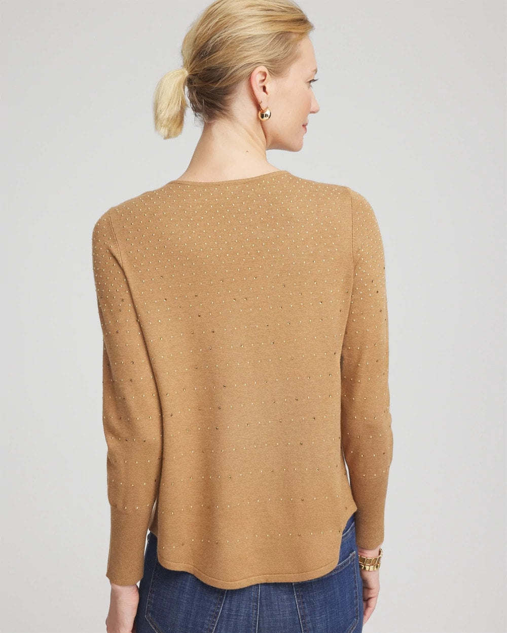 Faux Camel Heather Ella V-Neck Embellished Pullover Sweater