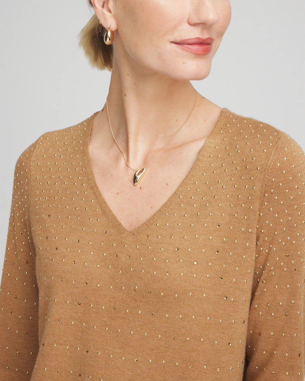 Faux Camel Heather Ella V-Neck Embellished Pullover Sweater