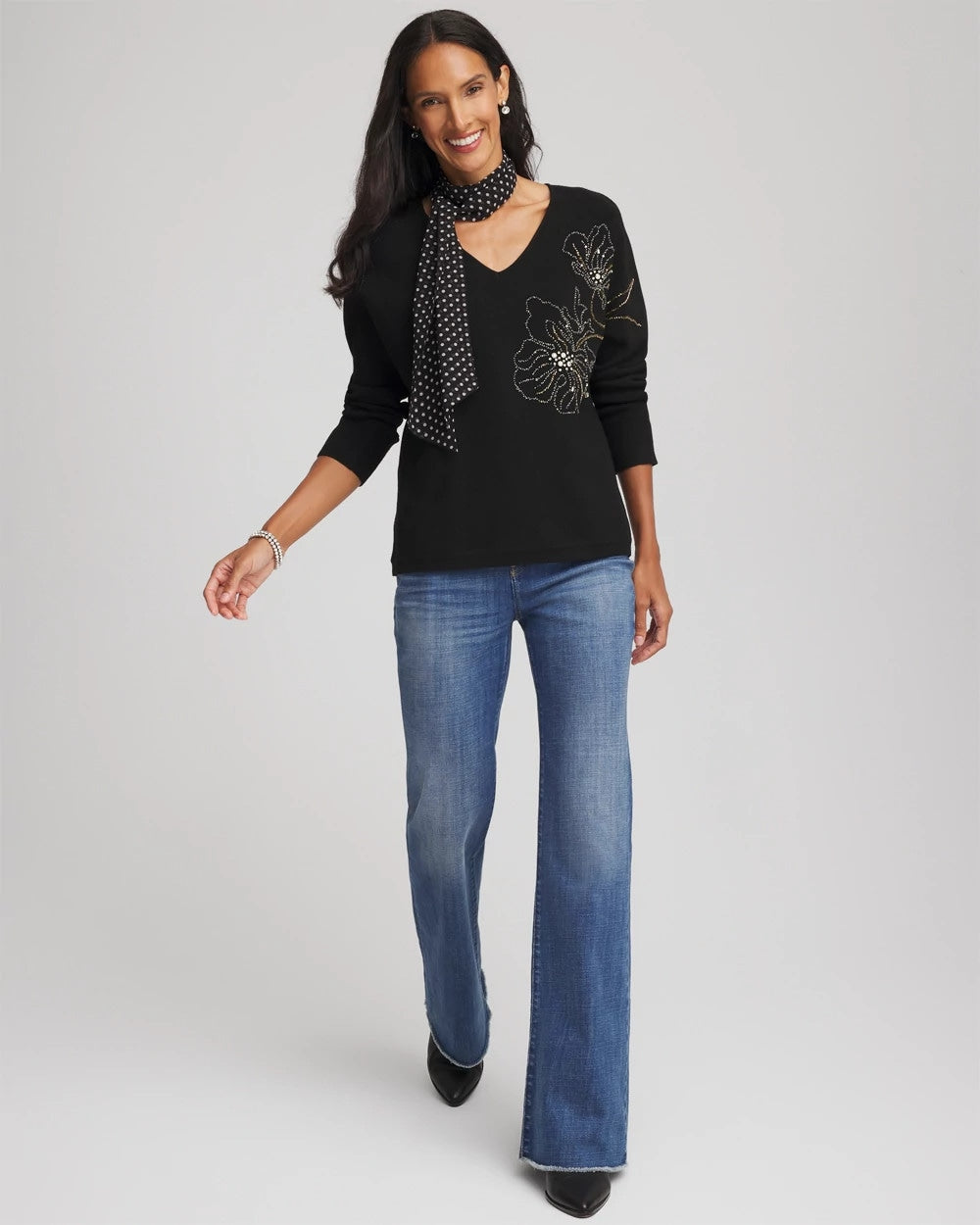 Black Floral Embellished Dolman V-Neck Pullover