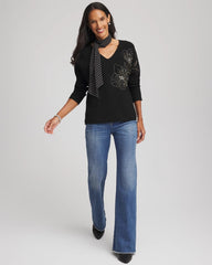 Black Floral Embellished Dolman V-Neck Pullover