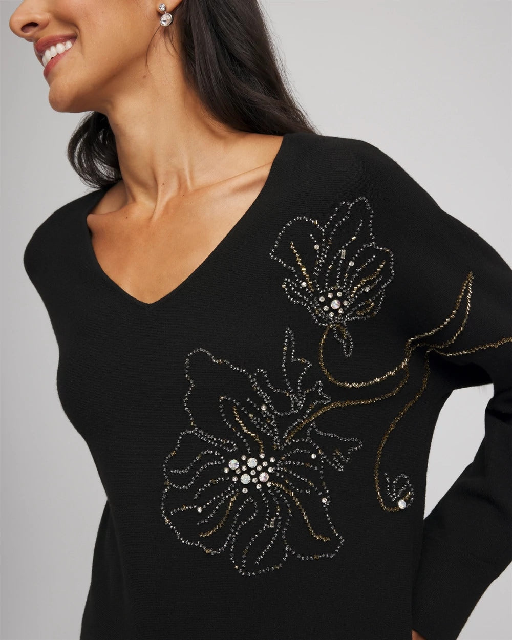 Black Floral Embellished Dolman V-Neck Pullover