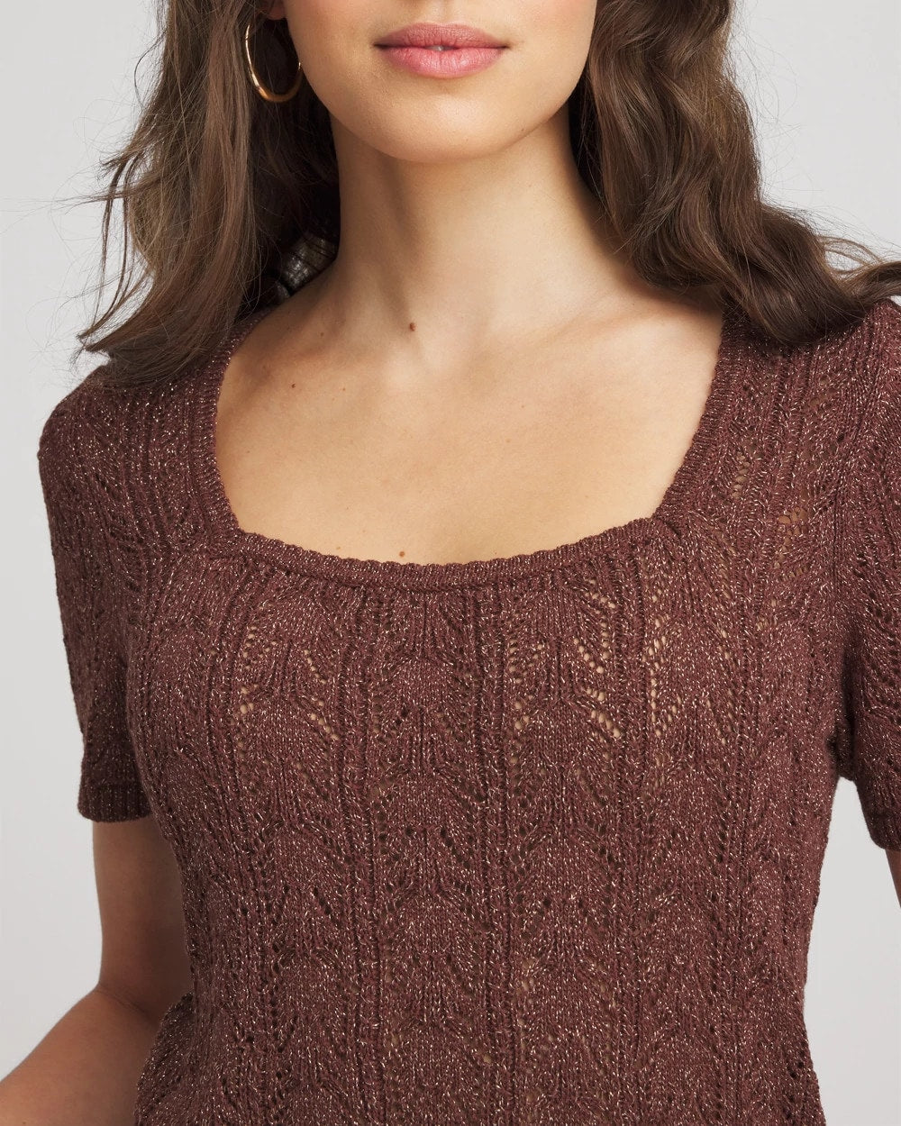 Cacao Pointelle Square-Neck Pullover Sweater