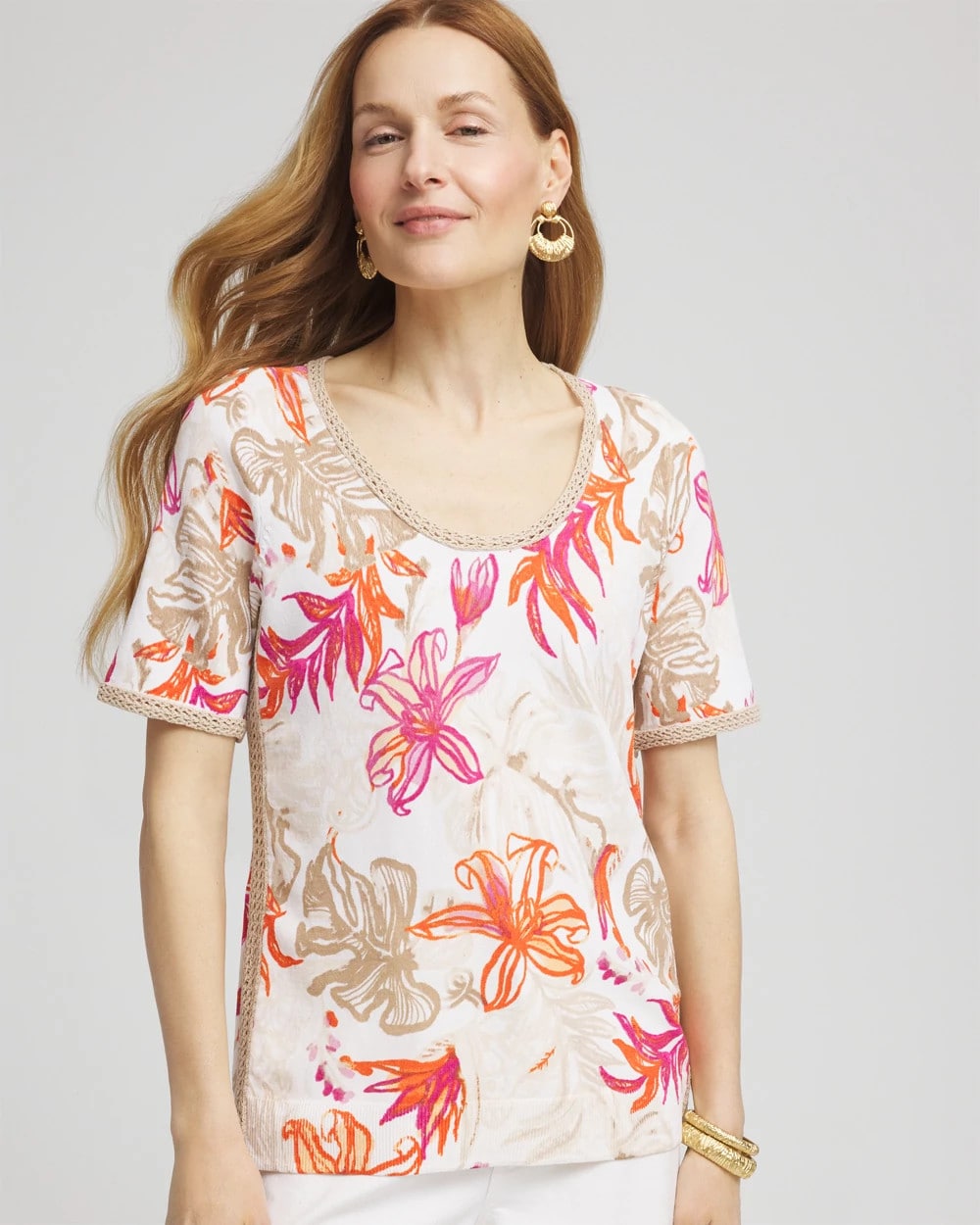 Alabaster Floral Print Crochet-Trim Pullover Sweater