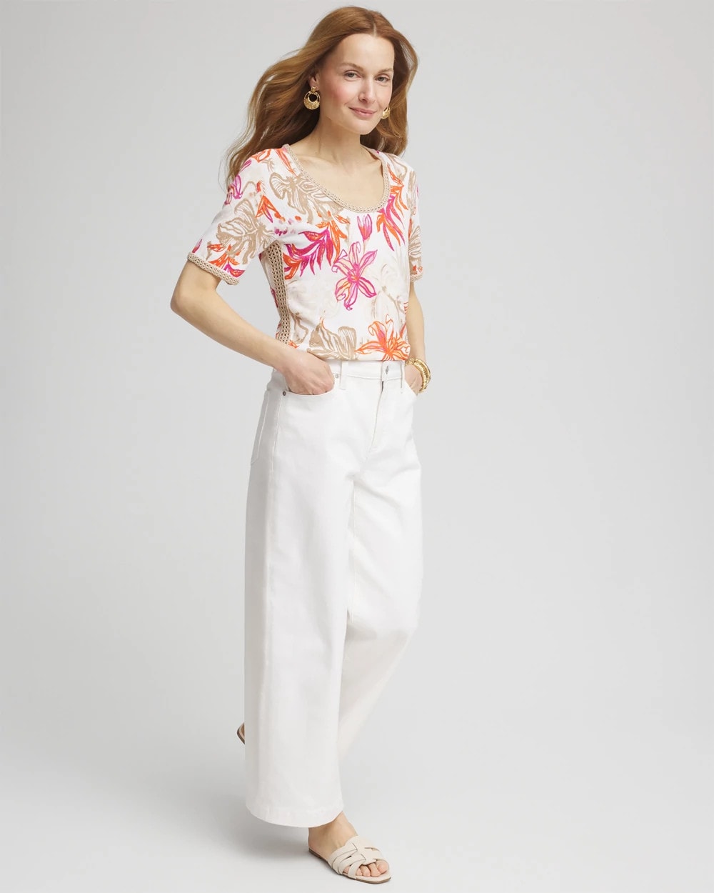 Alabaster Floral Print Crochet-Trim Pullover Sweater