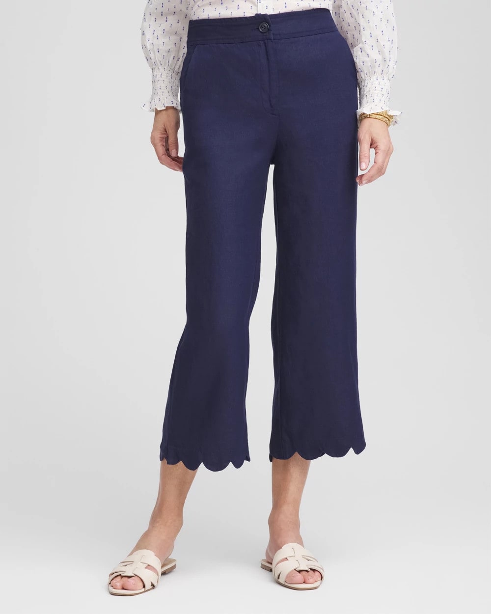 Passport Blue Linen Scallop Hem Crop Pants