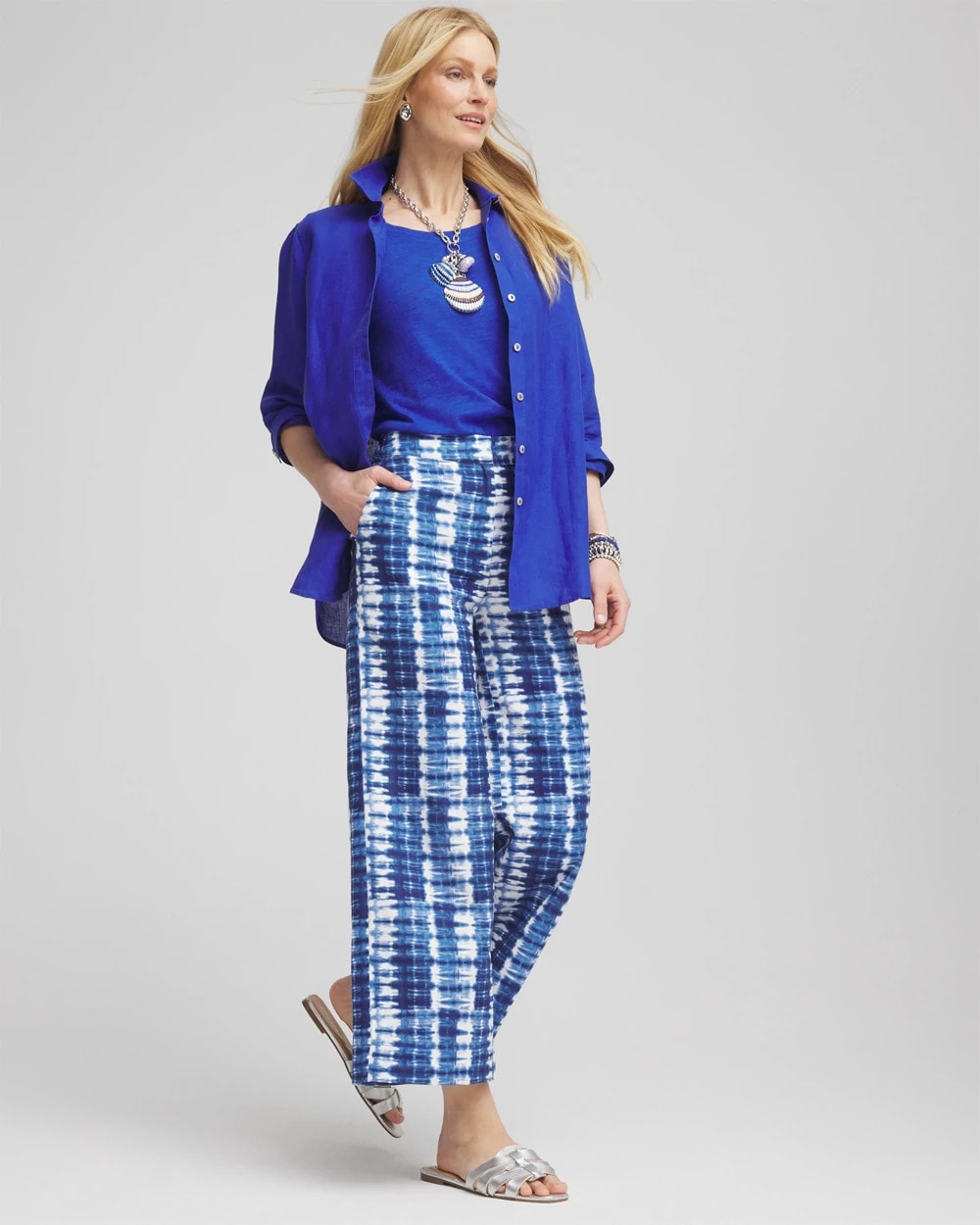 Blue Tie-Dye Linen Cropped Pants