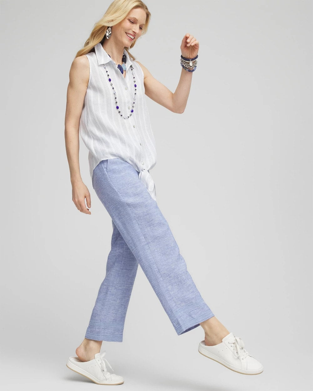 Blue Linen Pull On Waist Cropped Pants