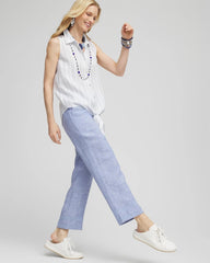 Blue Linen Pull On Waist Cropped Pants