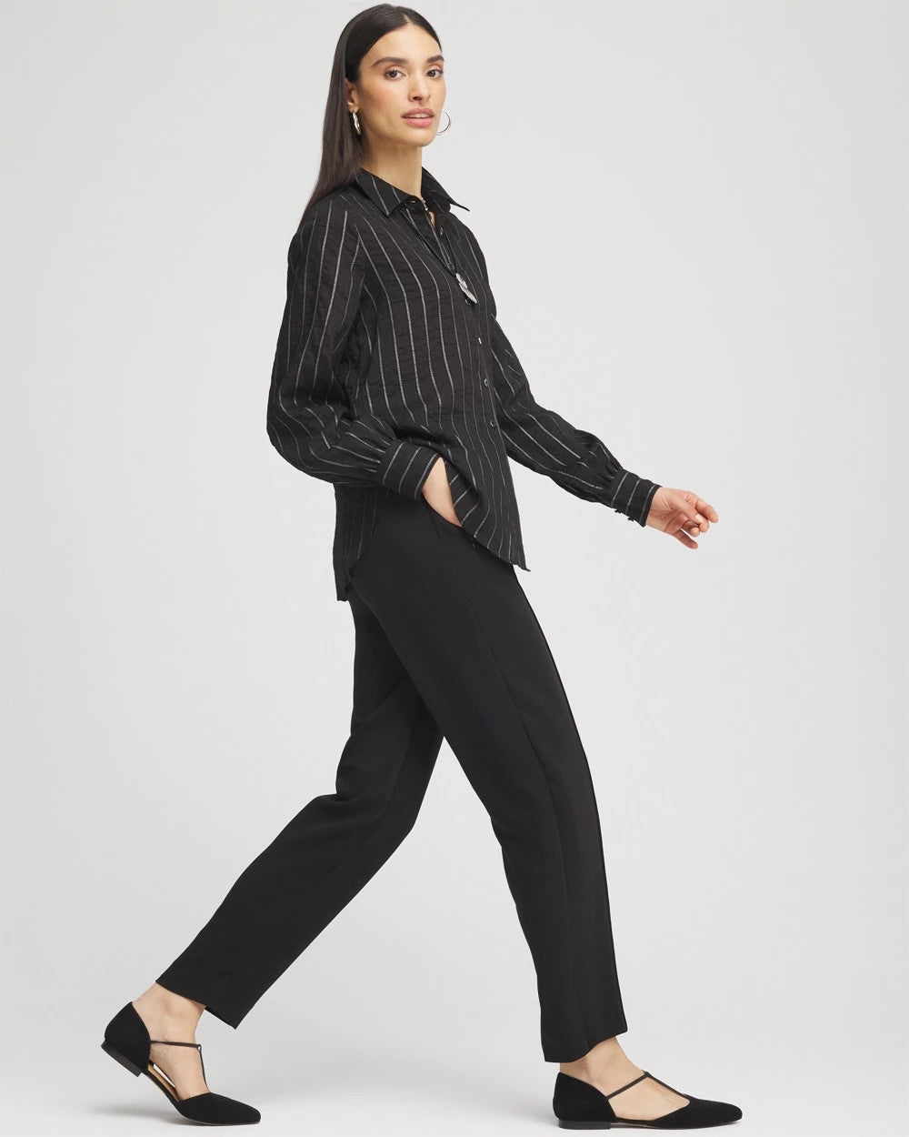 Black Crepe Side-Zip Tapered Ankle Pants