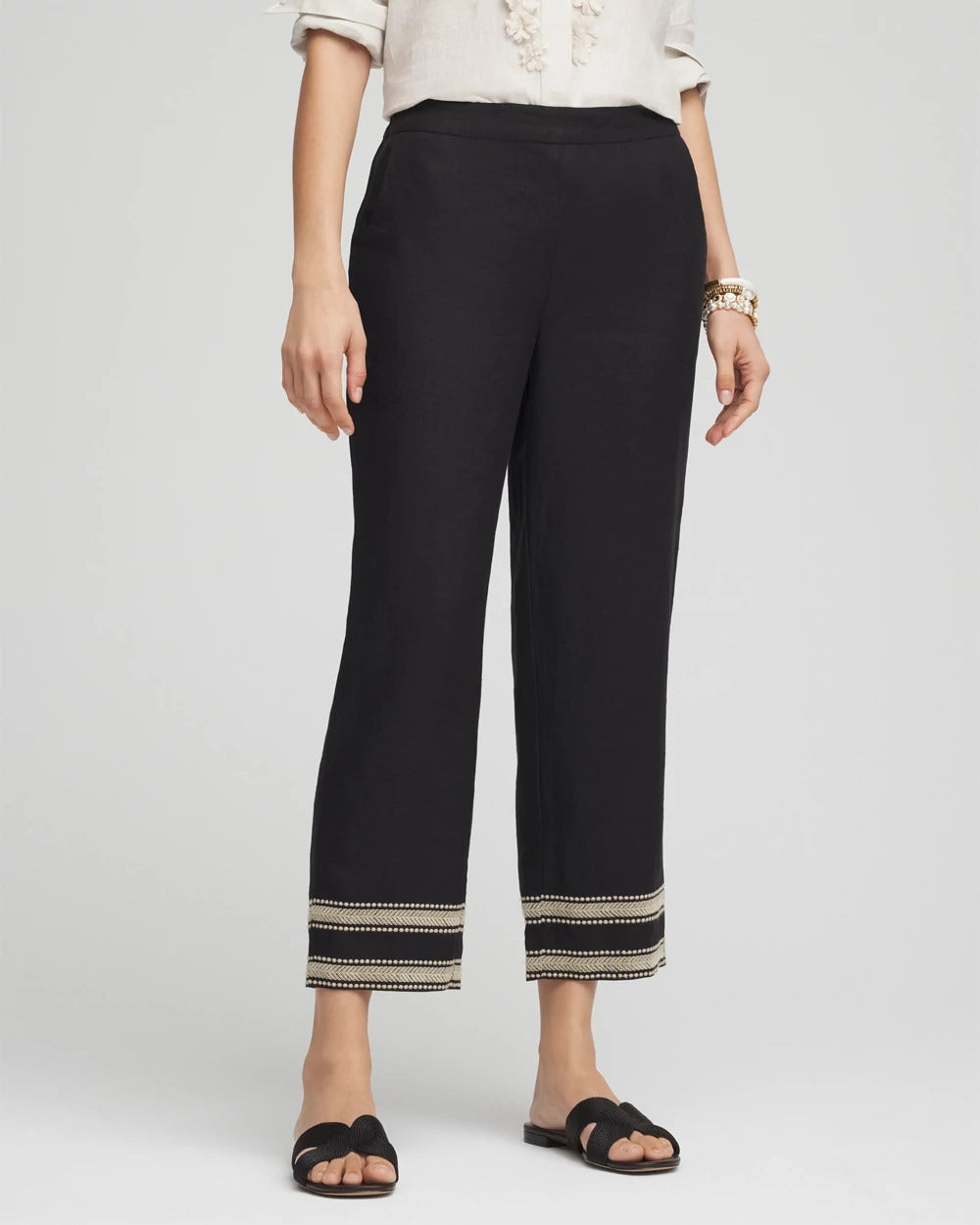 Black Linen Elastic Waist Cropped Pants