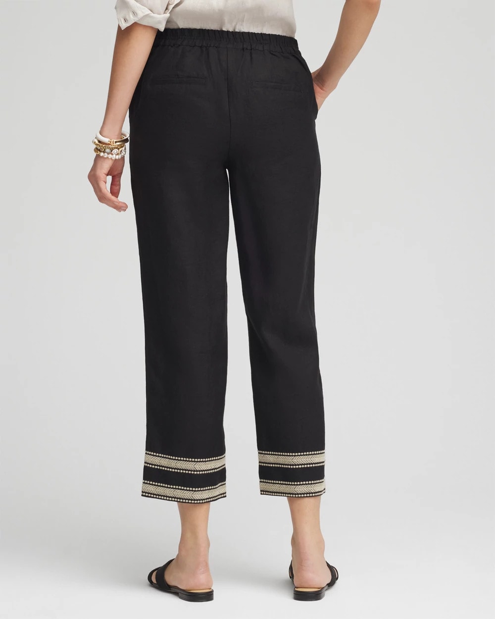Black Linen Elastic Waist Cropped Pants
