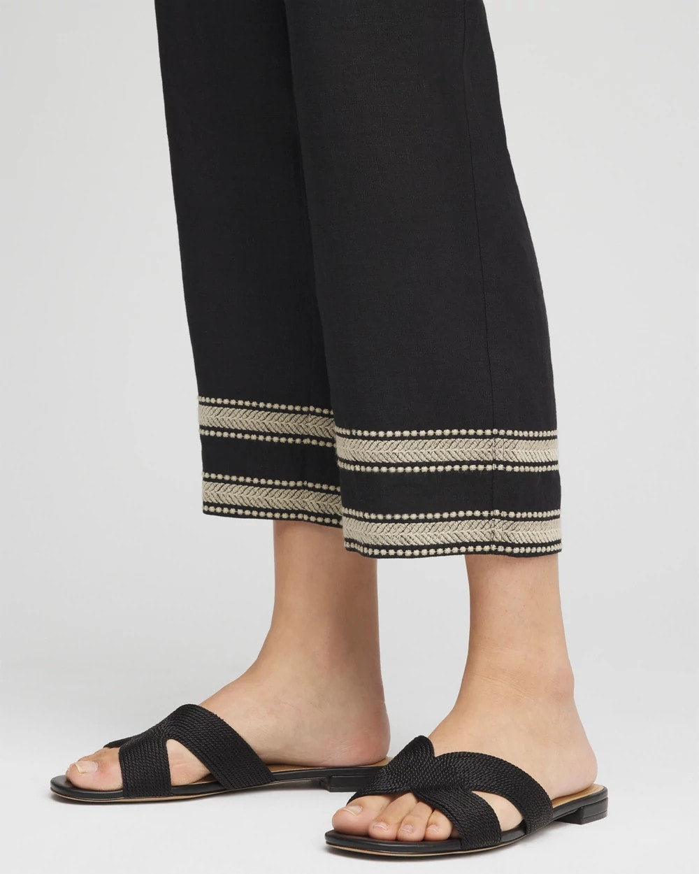 Black Linen Elastic Waist Cropped Pants