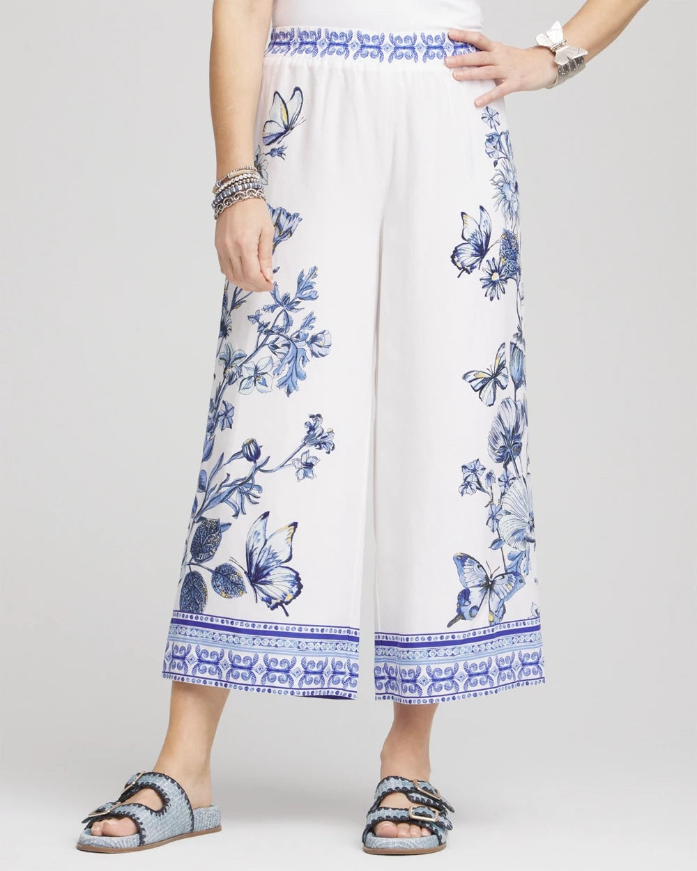 Alabaster Butterfly Pull-On Linen Cropped Pants