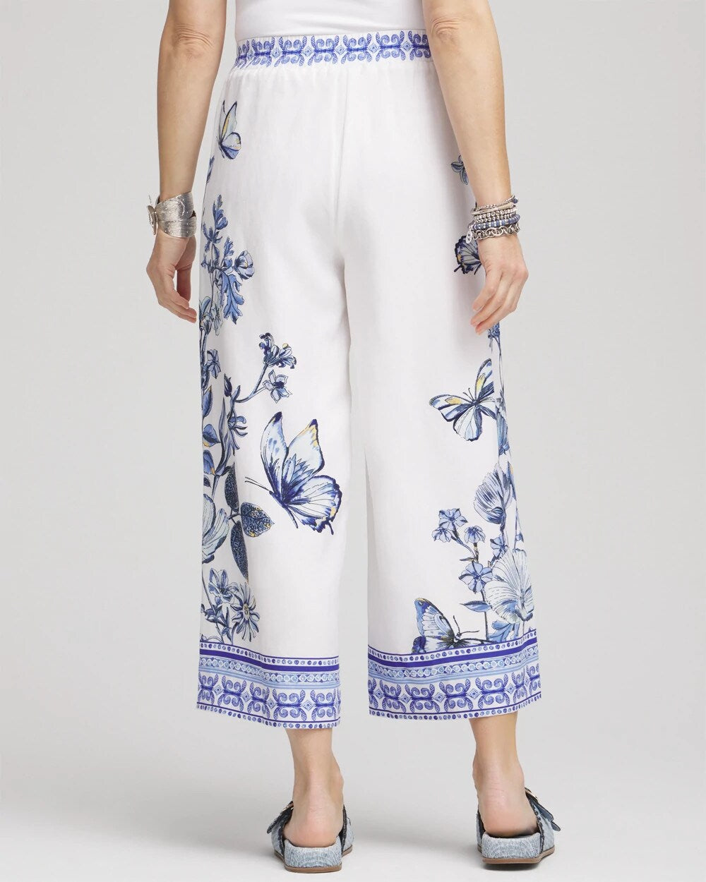 Alabaster Butterfly Pull-On Linen Cropped Pants