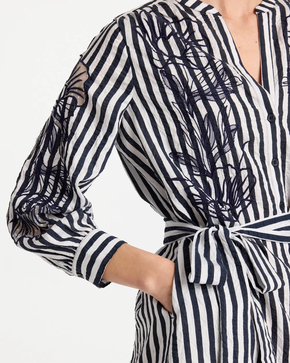 Navy Embroidered Striped Dress