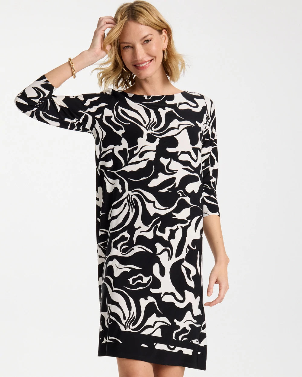 Black Jersey Knit Boatneck Shift Dress